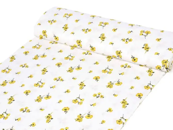 Bavlněná látka žluté květy na bílé metráž značky Škodák.