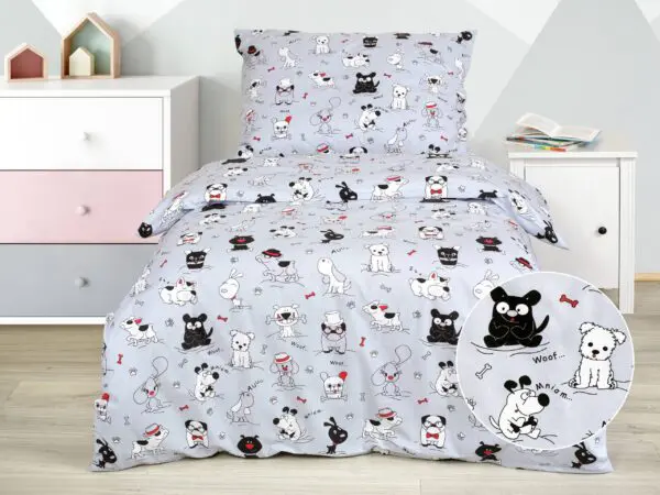 Bavlněné povlečení pejsci s kostí na šedé značky Škodák