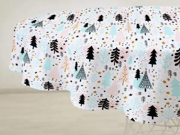 Vánoční bavlněný ubrus kulatý modré a růžové stromky značky Škodák