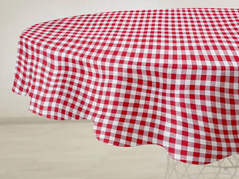 Kulatý bavlněný ubrus červené káro značky Škodák