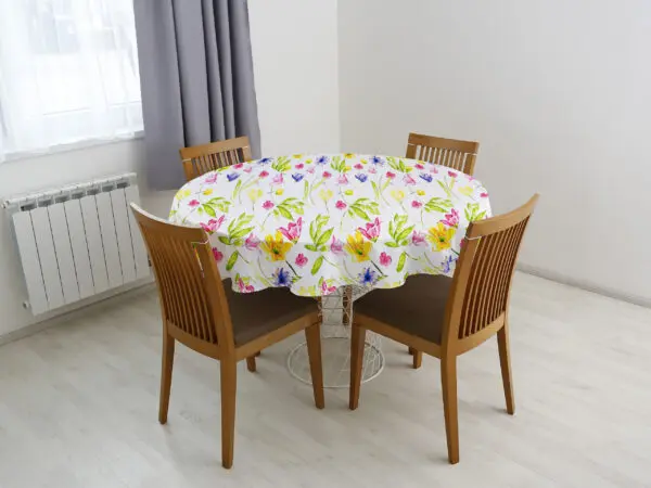 Kulatý bavlněný ubrus žluté květy s tulipány značky Škodák