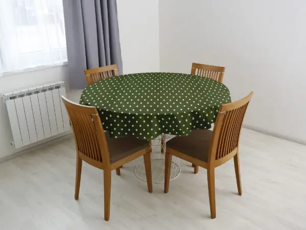Kulatý ubrus Loneta puntíky na olivové značky Škodák