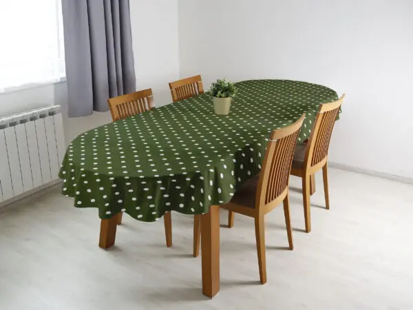 Oválný ubrus Loneta puntíky na olivové značky Škodák