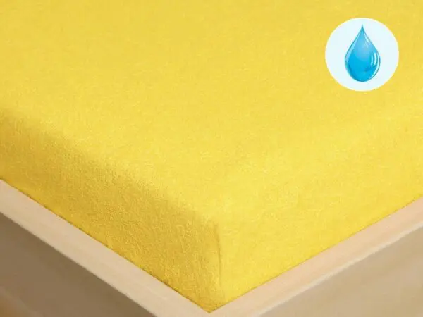 Nepropustné froté prostěradlo žluté pro hotely s napínací gumou značky Škodák