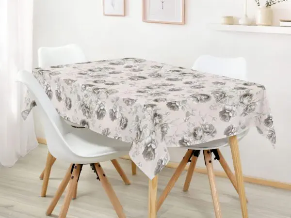 Hranatý bavlněný ubrus velké šedé květy značky Škodák