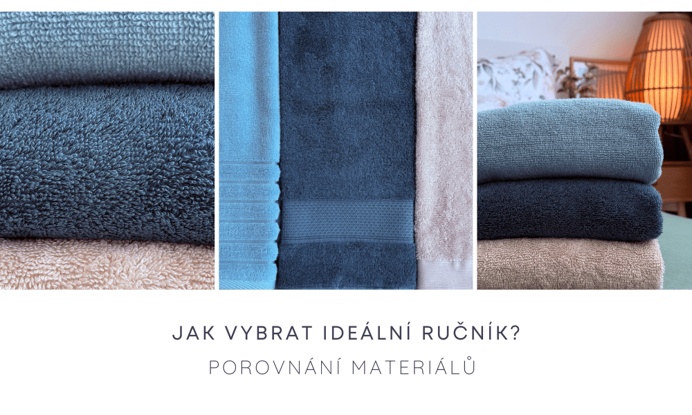 Ručníky z bavlny, bambusu a modalu složené na posteli. Detailní záběr materiálu ručníků.