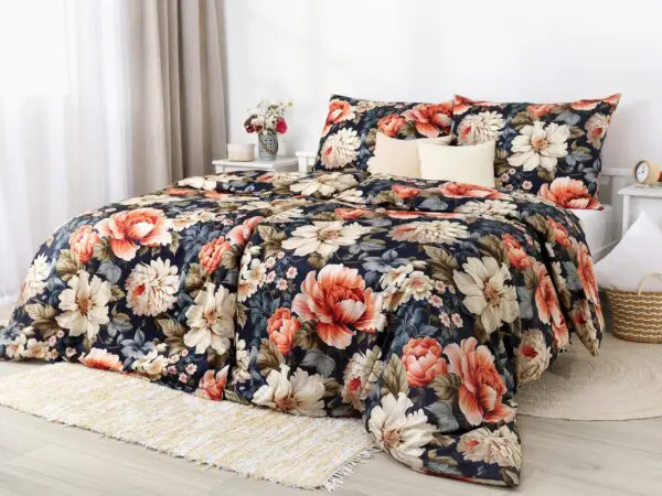 Saténové povlečení LUX oranžově-smetanové květy na černé