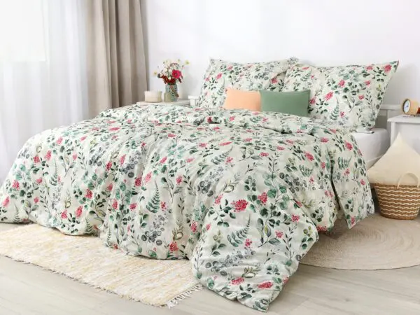 Saténové povlečení LUX kvítí s kapradím na bílé