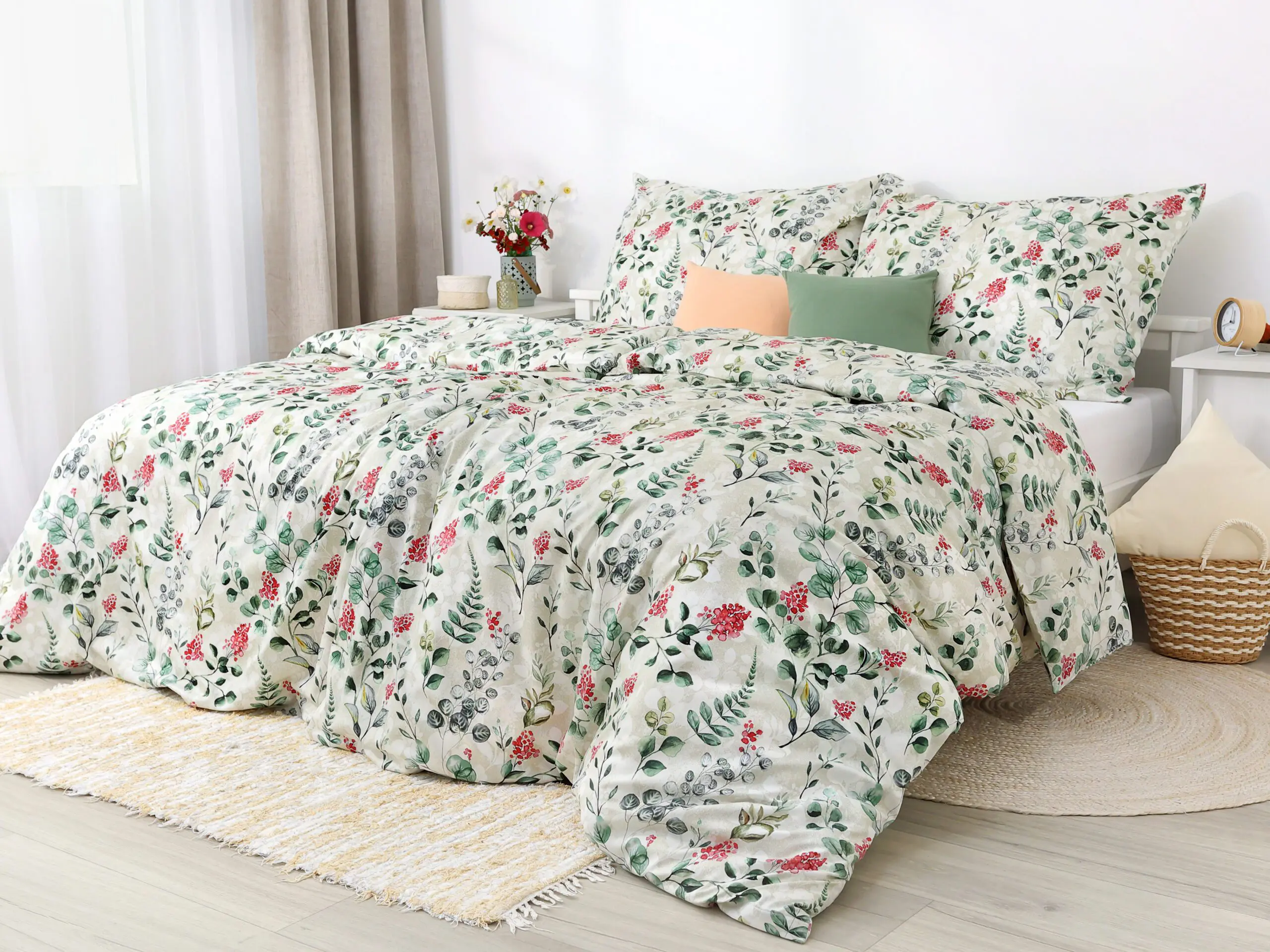 Saténové povlečení LUX kvítí s kapradím na bílé