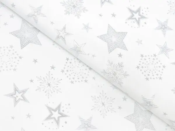 Dekorační látka stříbrné hvězdy na bílé metráž šířka 160 cm značky Škodák.