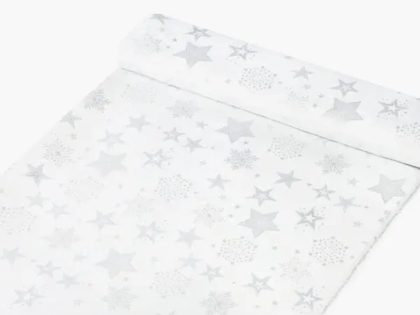 Dekorační látka stříbrné hvězdy na bílé metráž šířka 160 cm značky Škodák.