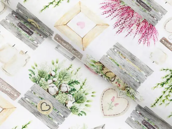 Dekorační látka levandule a srdíčka metráž šířka 160 cm značky Škodák.