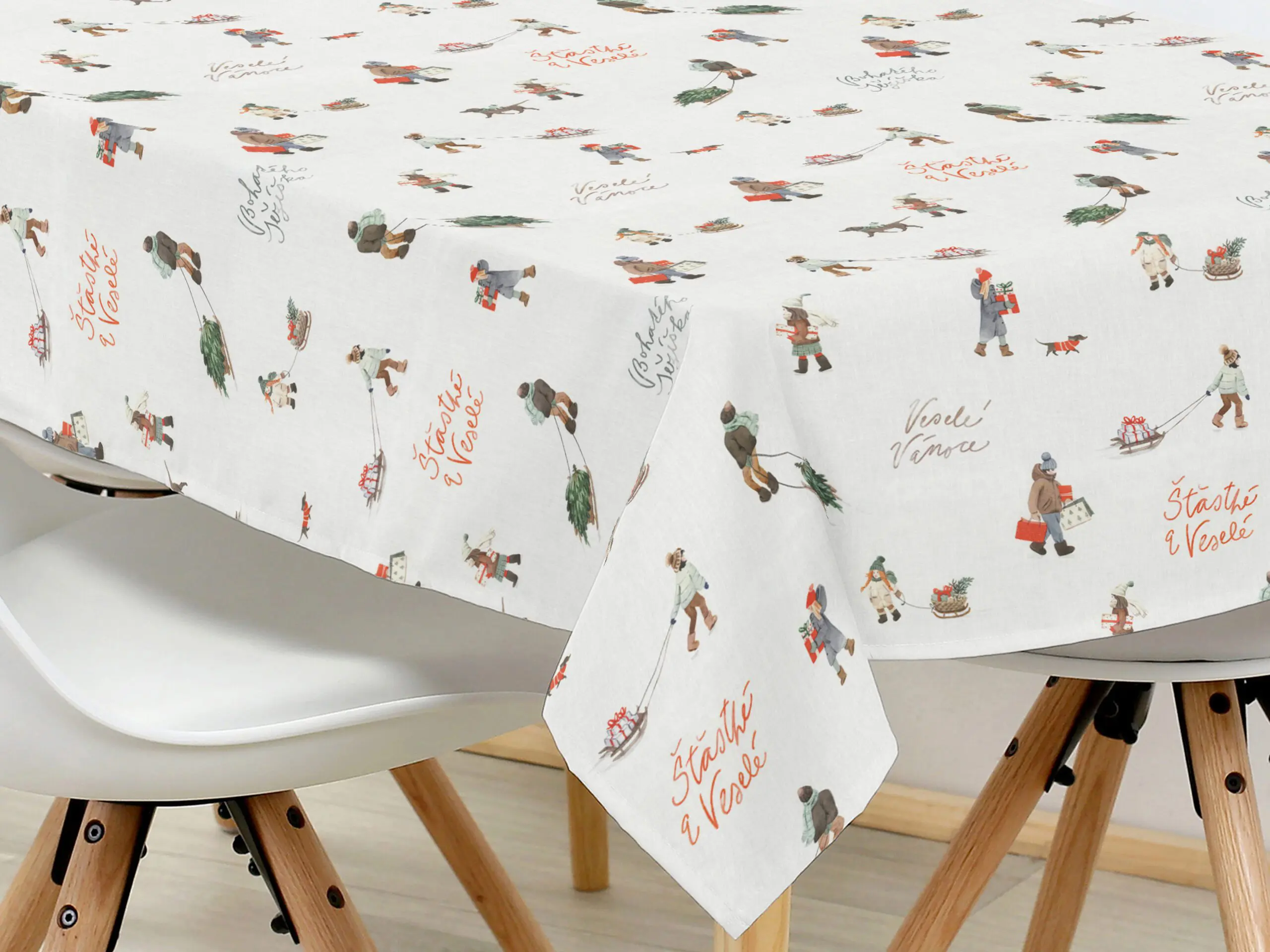Hranatý bavlněný ubrus Veselé Vánoce značky Škodák.