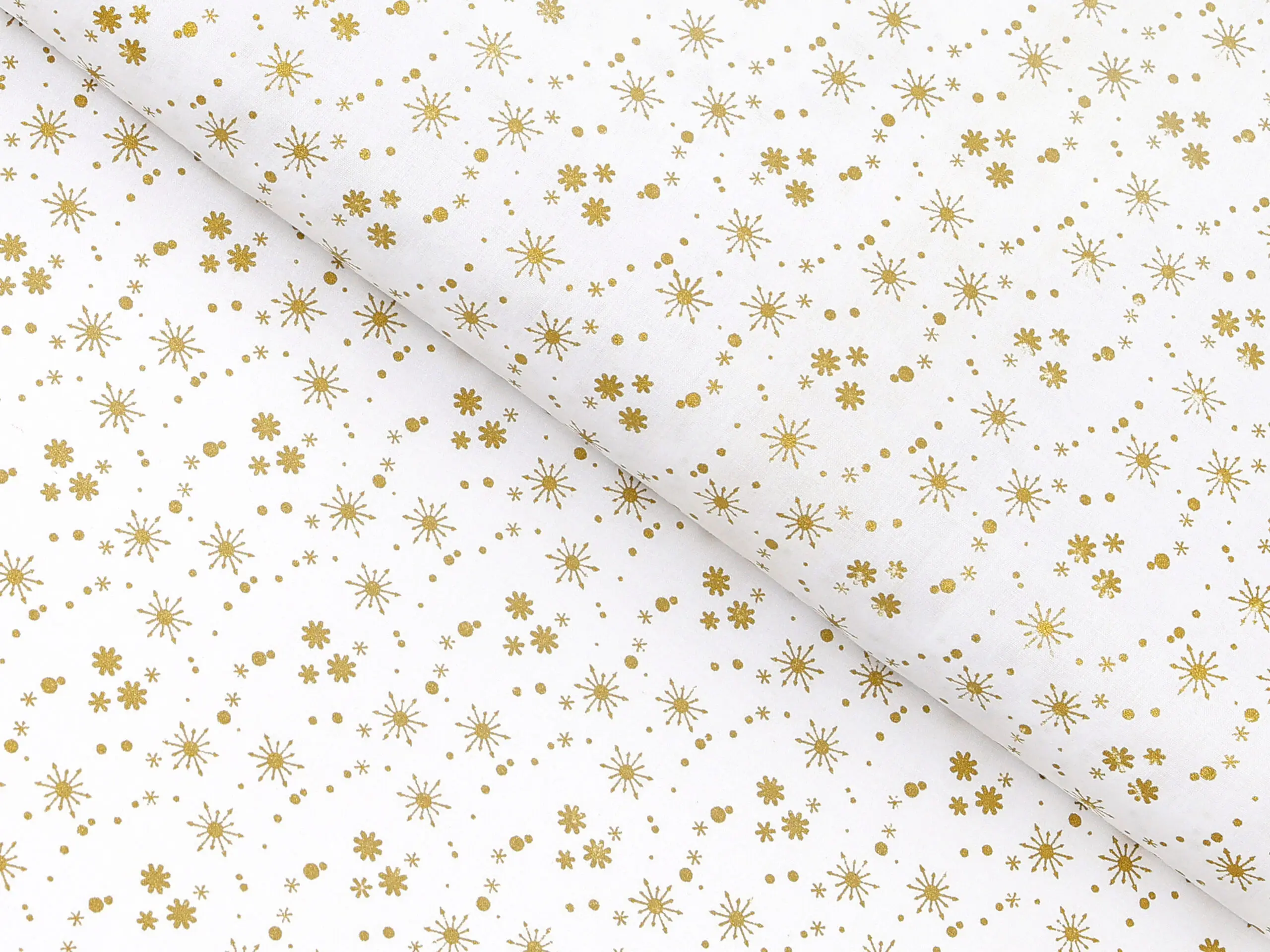 Bavlněná látka zlaté vločky na bílé metráž šířka 142 cm značky Škodák.