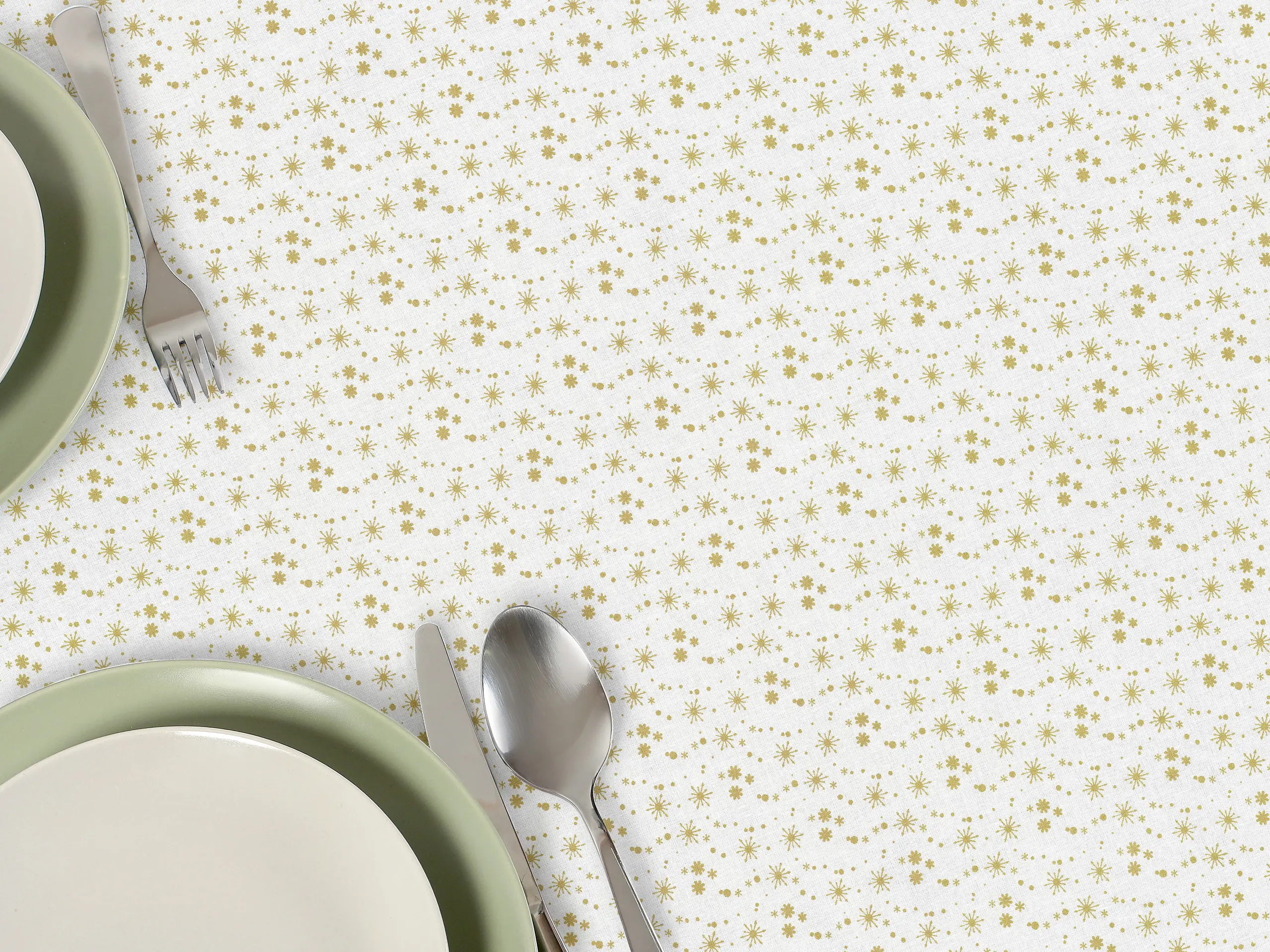 Bavlněný ubrus zlaté vločky na bílé značky Škodák.