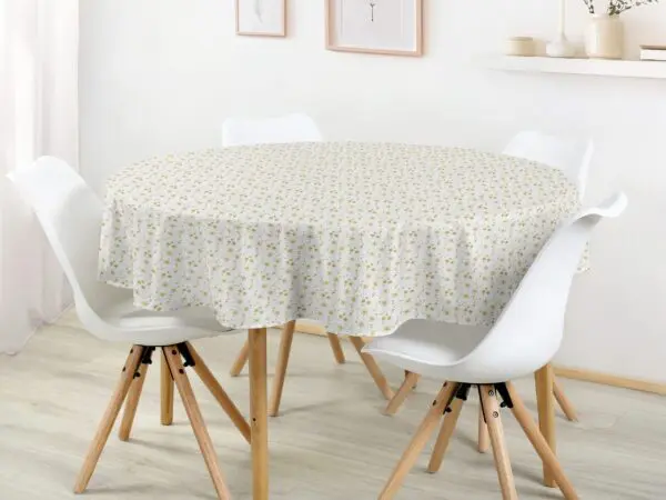 Kulatý bavlněný ubrus zlaté vločky na bílé značky Škodák.