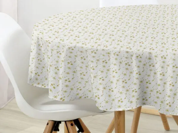 Kulatý bavlněný ubrus zlaté vločky na bílé značky Škodák.