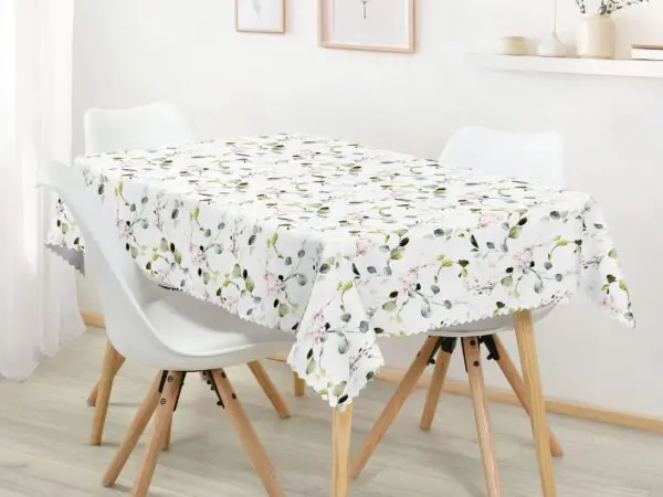 Hranatý dekorační ubrus eukalyptus s růžovými květy