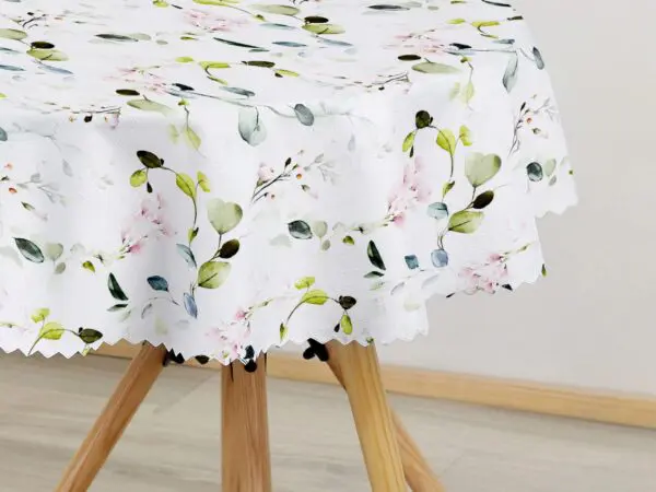 Kulatý dekorační ubrus eukalyptus s růžovými květy