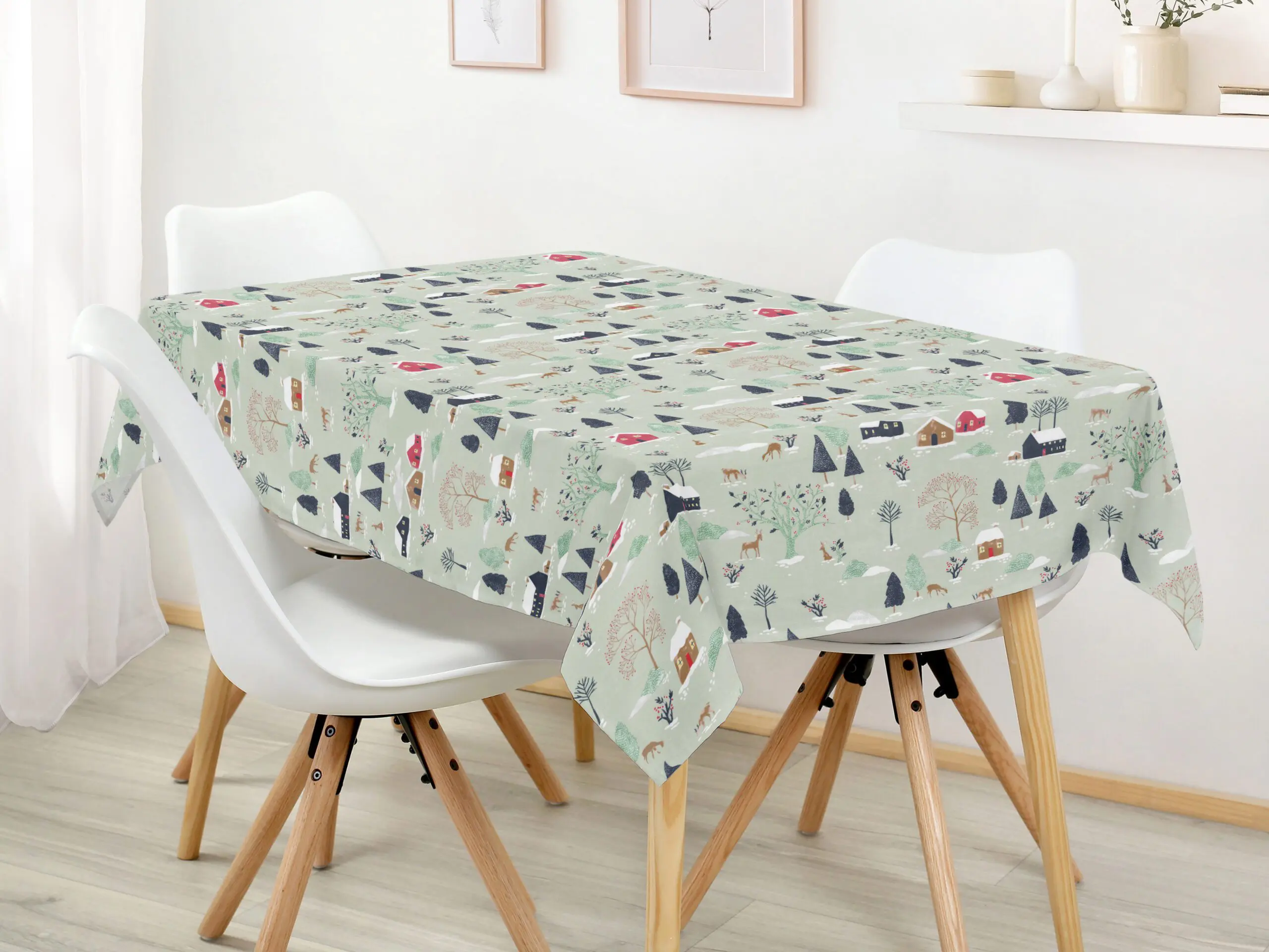 Hranatý bavlněný ubrus zasněžený venkov