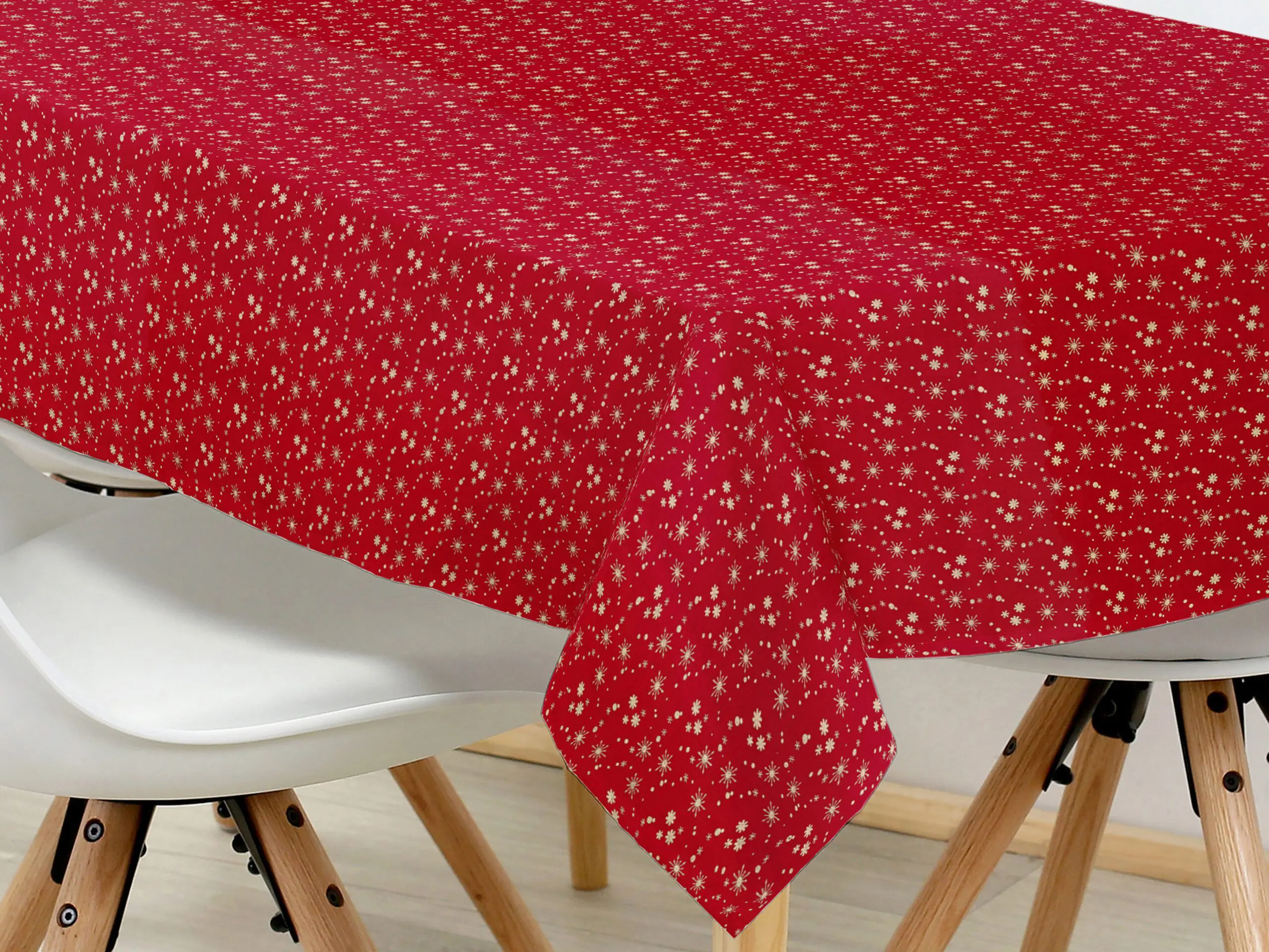 Hranatý bavlněný ubrus zlaté vločky na červené