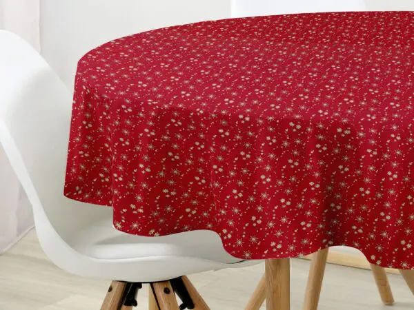 Kulatý bavlněný ubrus zlaté vločky na červené