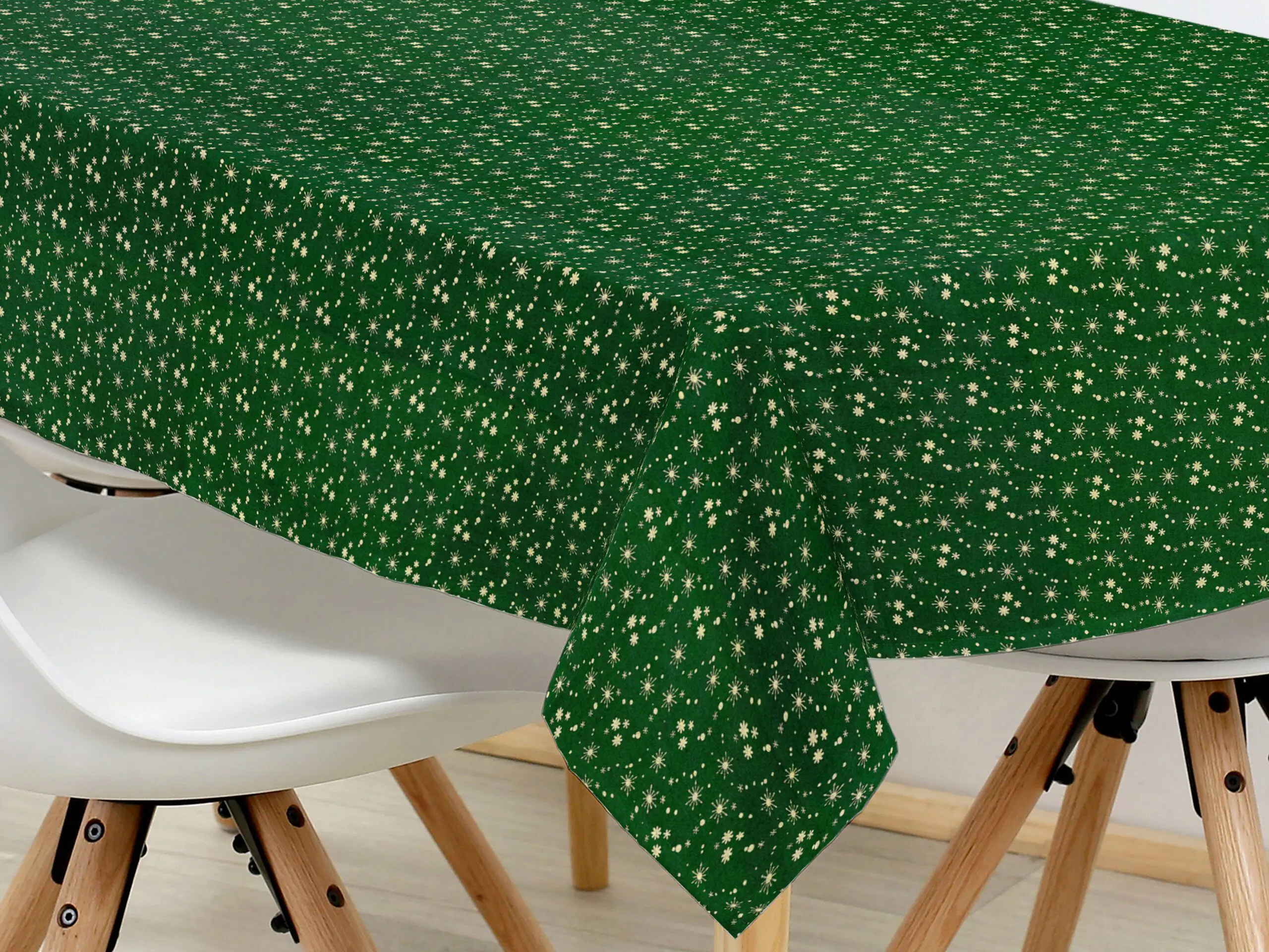 Hranatý bavlněný ubrus zlaté vločky na zelené