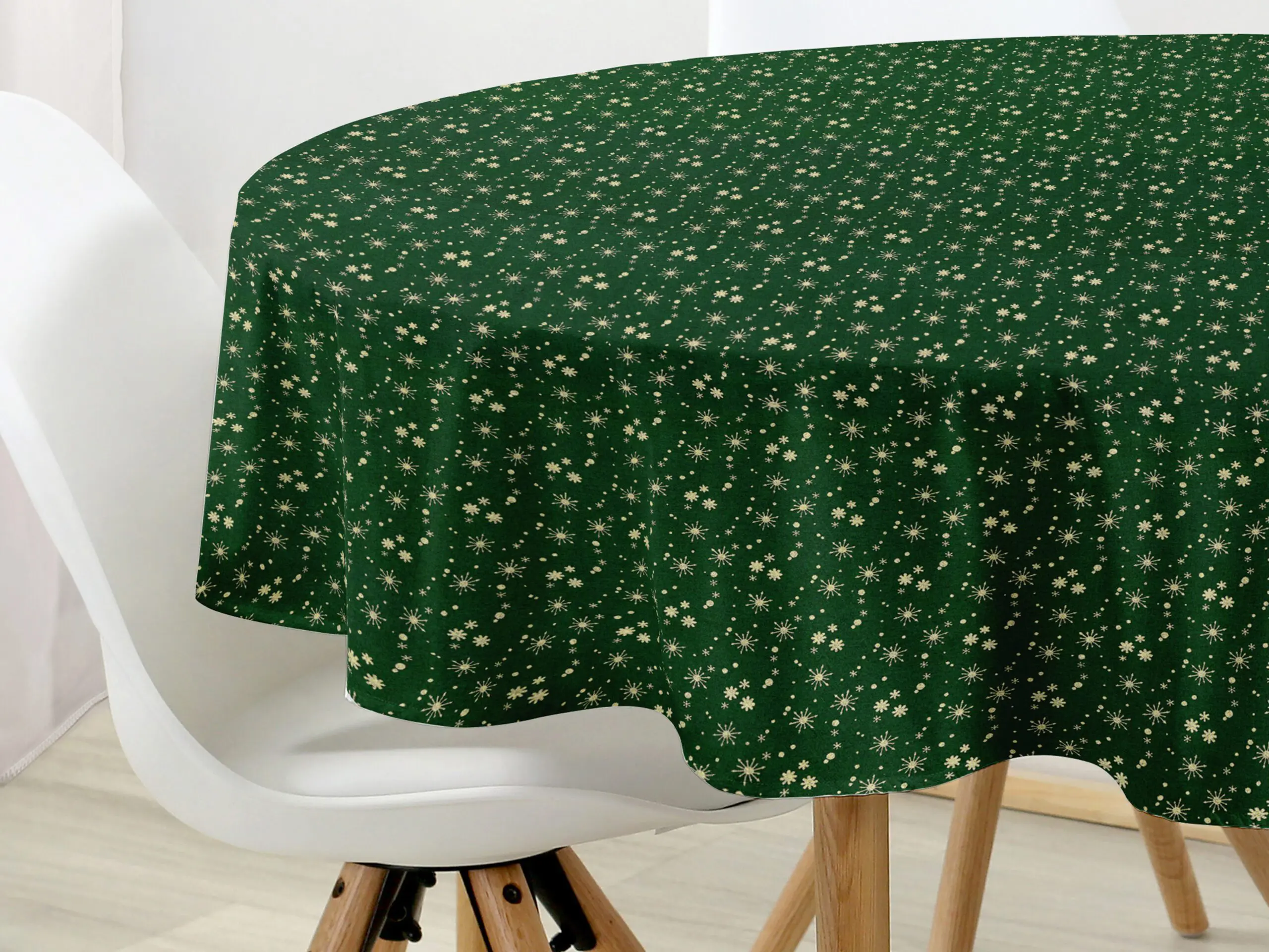 Kulatý bavlněný ubrus zlaté vločky na zelené