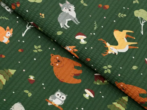 Krepová látka Řáholecký les na tmavě zelené metráž šířka 142 cm