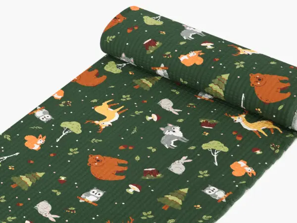 Krepová látka Řáholecký les na tmavě zelené metráž šířka 142 cm