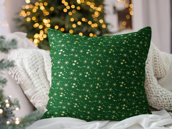 Vánoční bavlněný povlak na polštář zlaté vločky na zelené