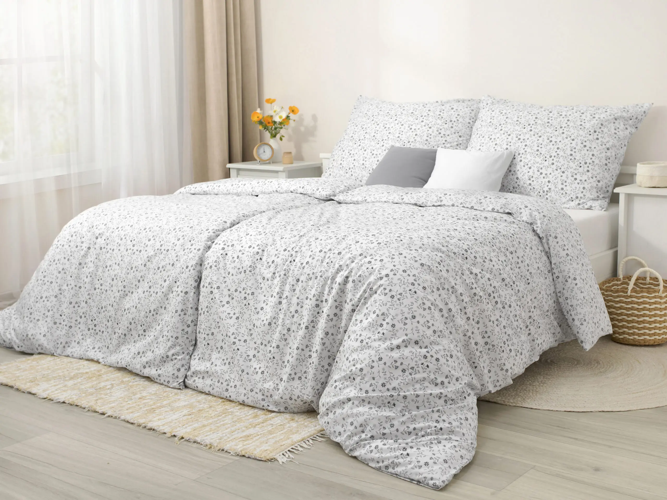 Bavlněné povlečení šedé kvítko na bílé