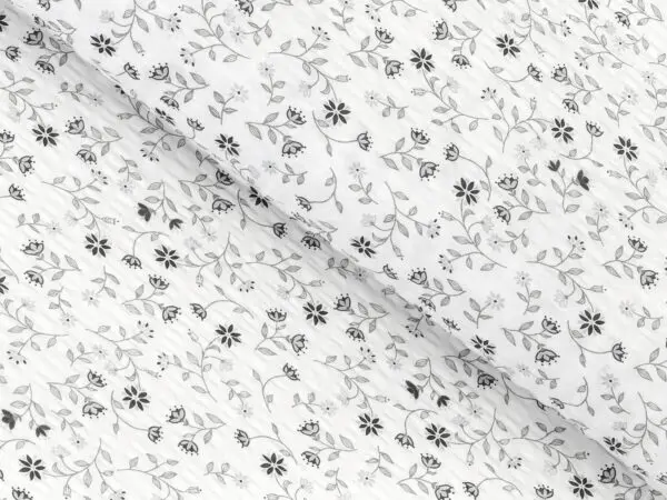 Krepová látka šedé kvítko na bílé metráž šířka 142 cm