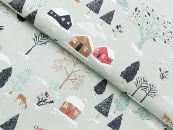 Flanelová látka zasněžený venkov metráž šířka 142 cm