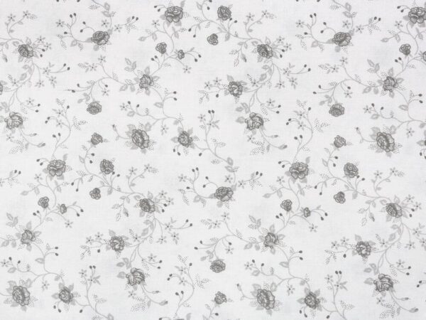 Bavlněná látka šedé růže na bílé metráž značky Škodák.