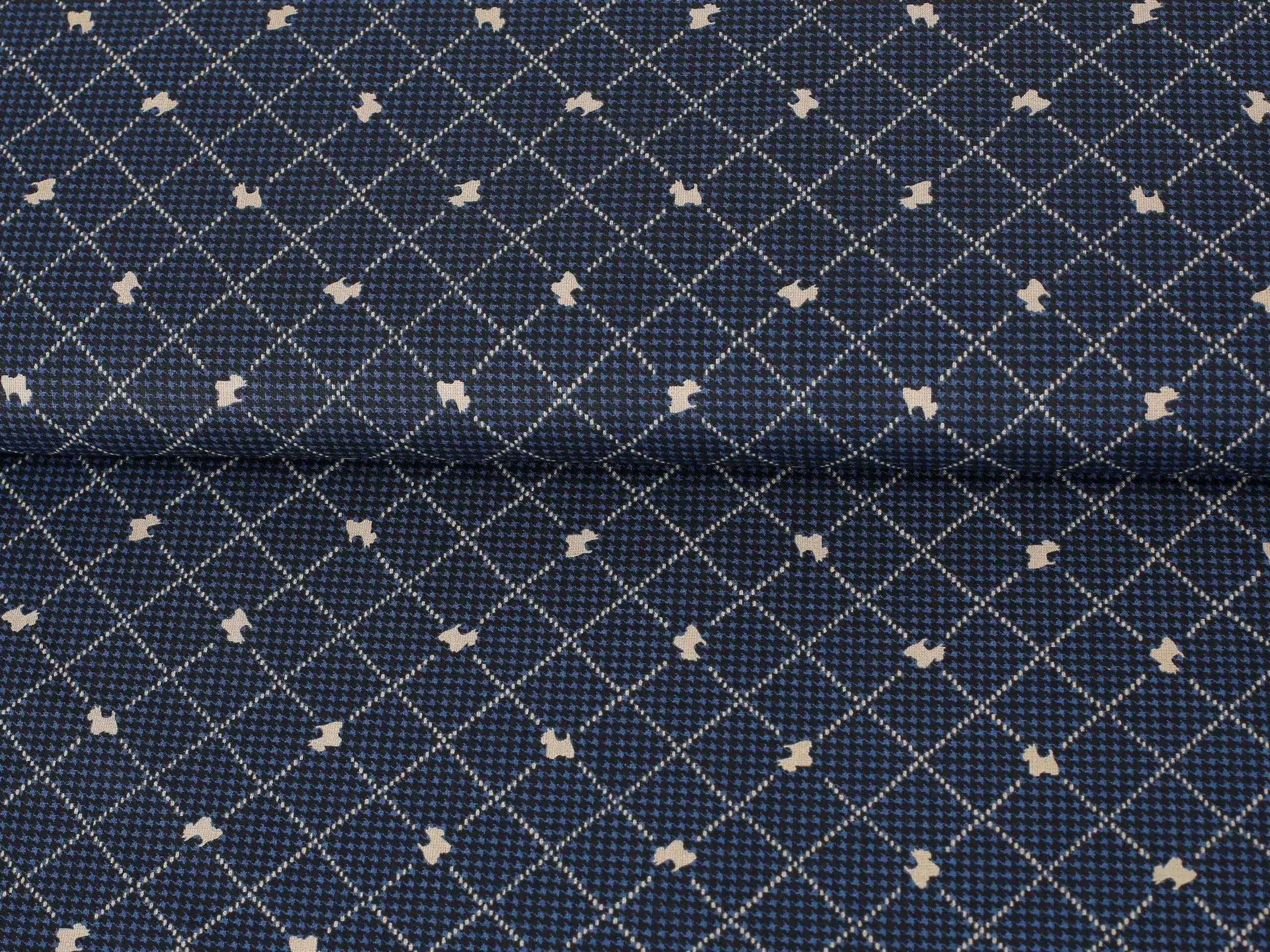 Bavlněná látka pes Scott na modrém káru metráž značky Škodák.