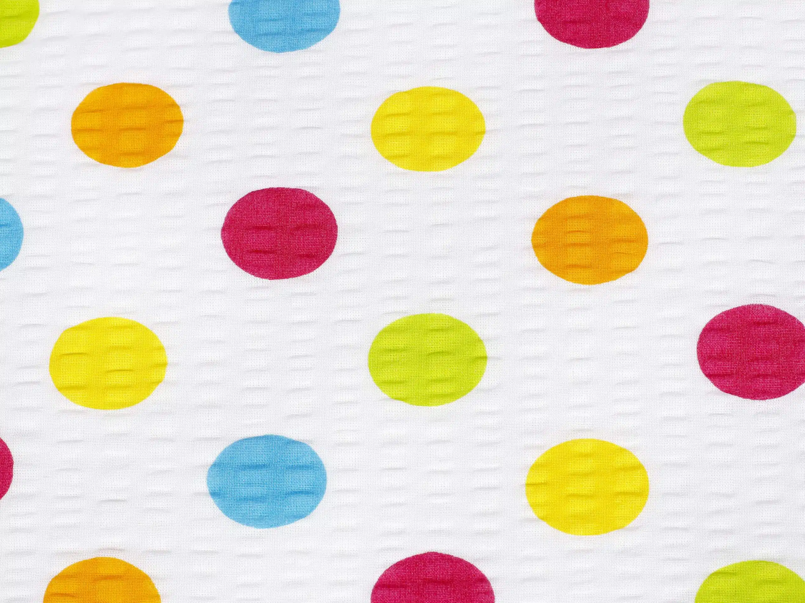 Krepová látka velké barevné puntíky metráž značky Škodák.