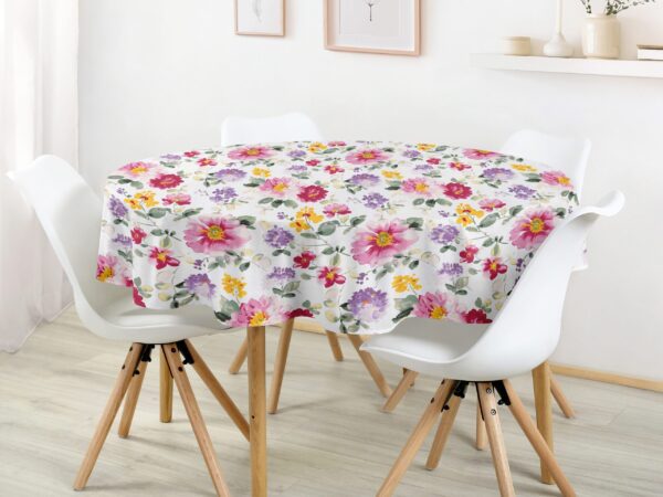 Bavlněný ubrus kulatý květy fialek na bílé značky Škodák