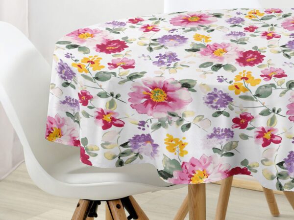 Bavlněný ubrus kulatý květy fialek na bílé značky Škodák