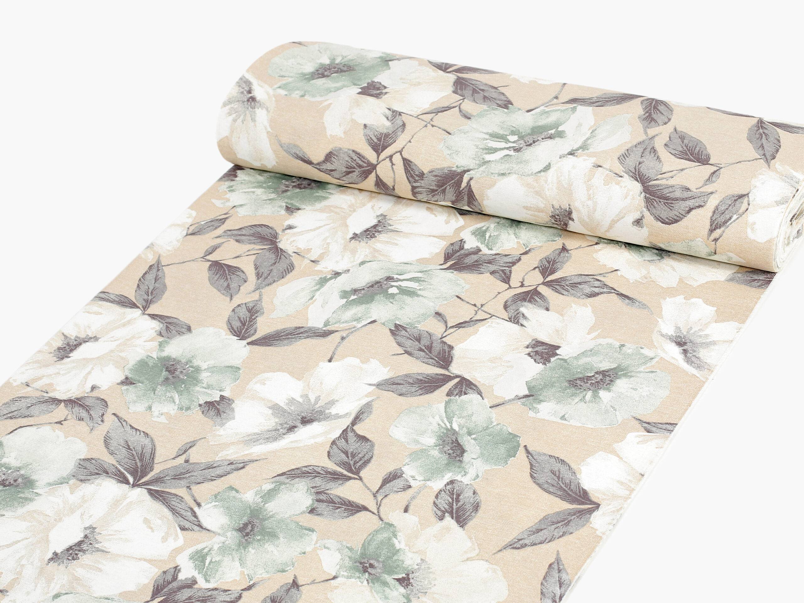 Loneta se vzorem bílo-šedý květ na béžové metráž značky Škodák