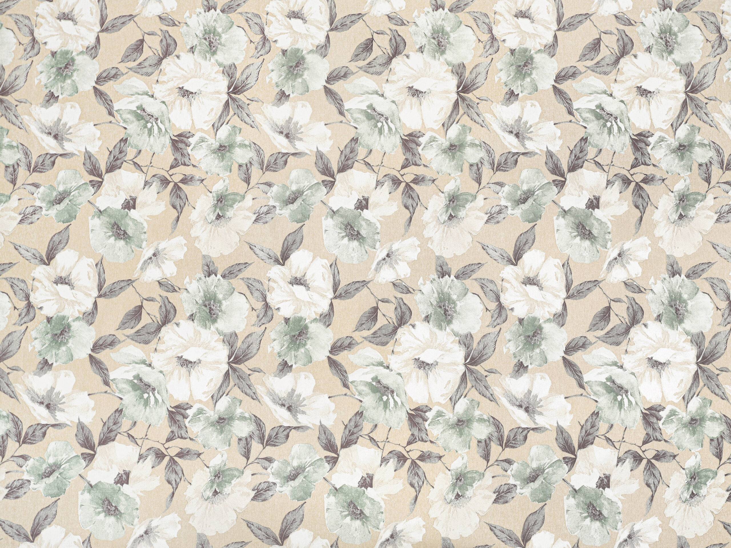 Loneta se vzorem bílo-šedý květ na béžové metráž značky Škodák