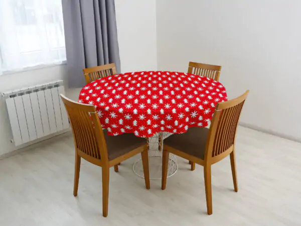 Vánoční bavlněný ubrus kulatý hvězdy a stromky na červené značky Škodák