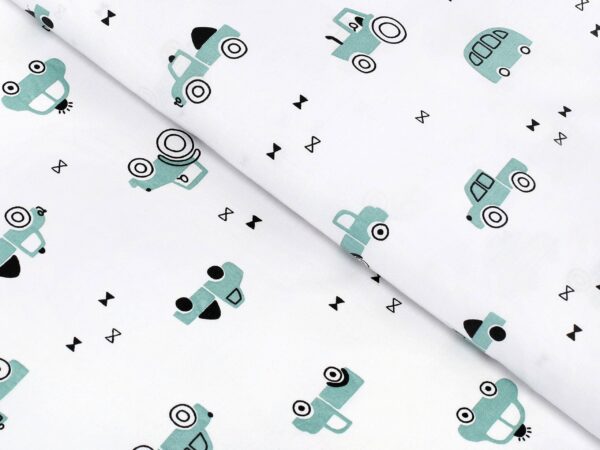 Bavlněná látka zelená autíčka na bílé metráž značky Škodák