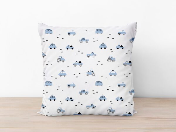 Bavlněný povlak na polštář modrá autíčka na bílé značky Škodák