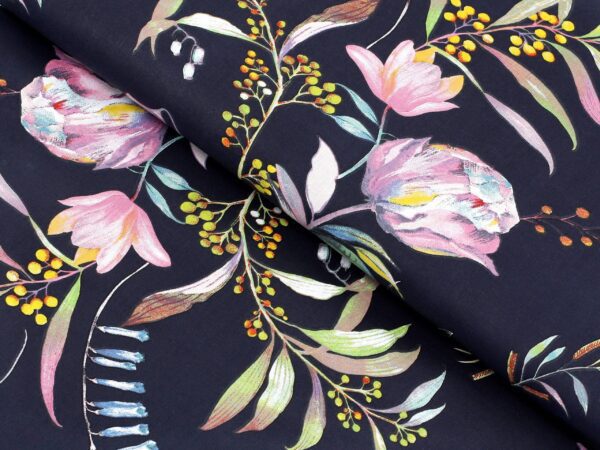 Bavlněná látka růžové květy na modré metráž značky Škodák