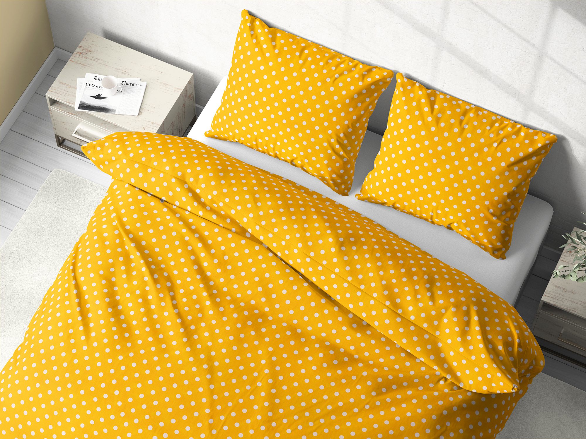 Bavlněné povlečení velké puntíky na žluté značky Škodák