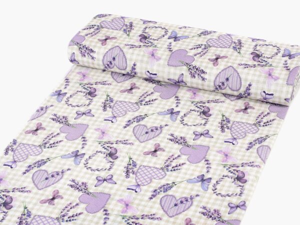 Dekorační látka LONETA levandule, srdíčka, motýlci metráž značky Škodák