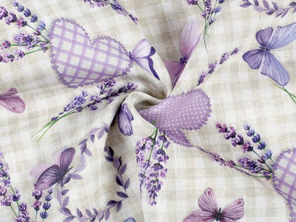 Dekorační látka LONETA levandule, srdíčka, motýlci metráž značky Škodák