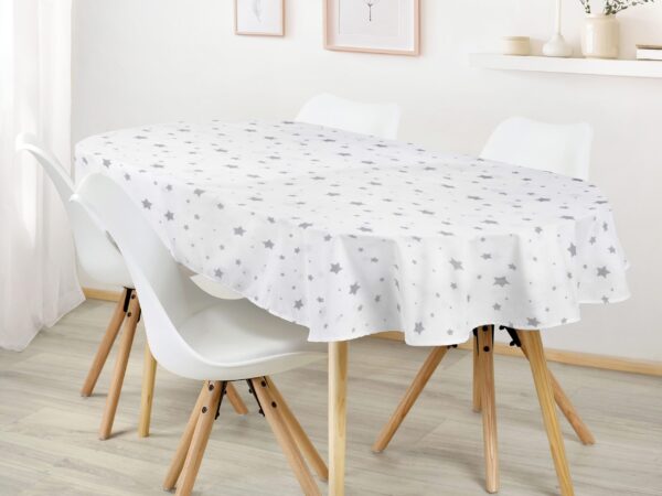 Oválný bavlněný ubrus šedé hvězdičky na bílé značky Škodák