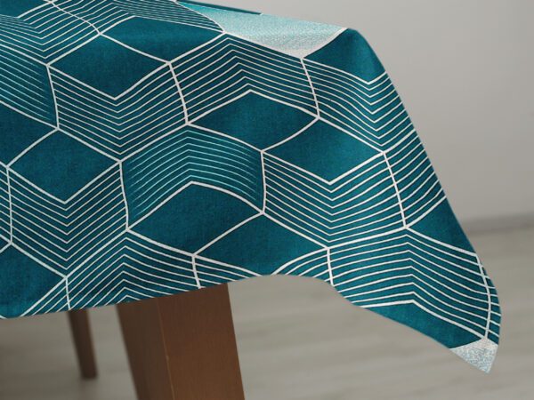 Hranatý bavlněný ubrus 3D čtverce na petrolejové značky Škodák